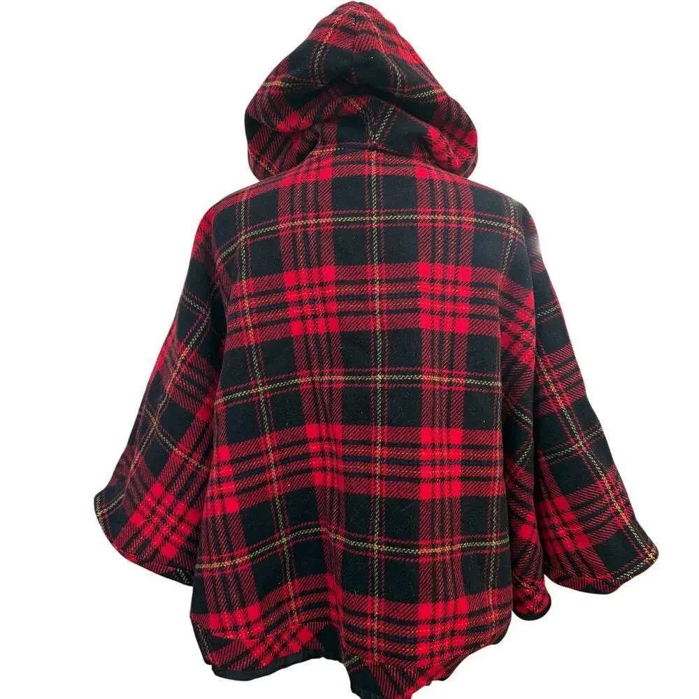 Pendleton Vintage Red Black Plaid Wool Hooded Cape Poncho Made USA OS